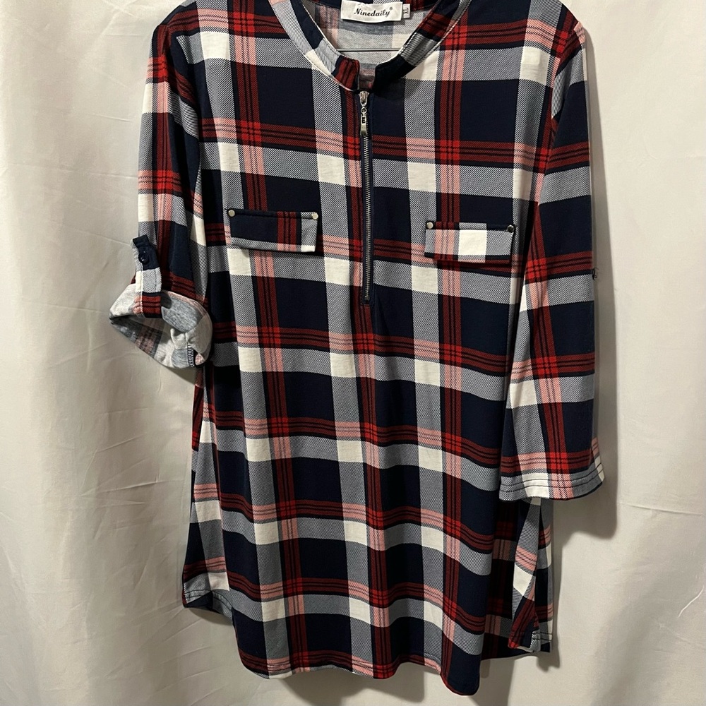 Plaid Red White & Blue Zip-Up Blouse with Adjustable Sleeves